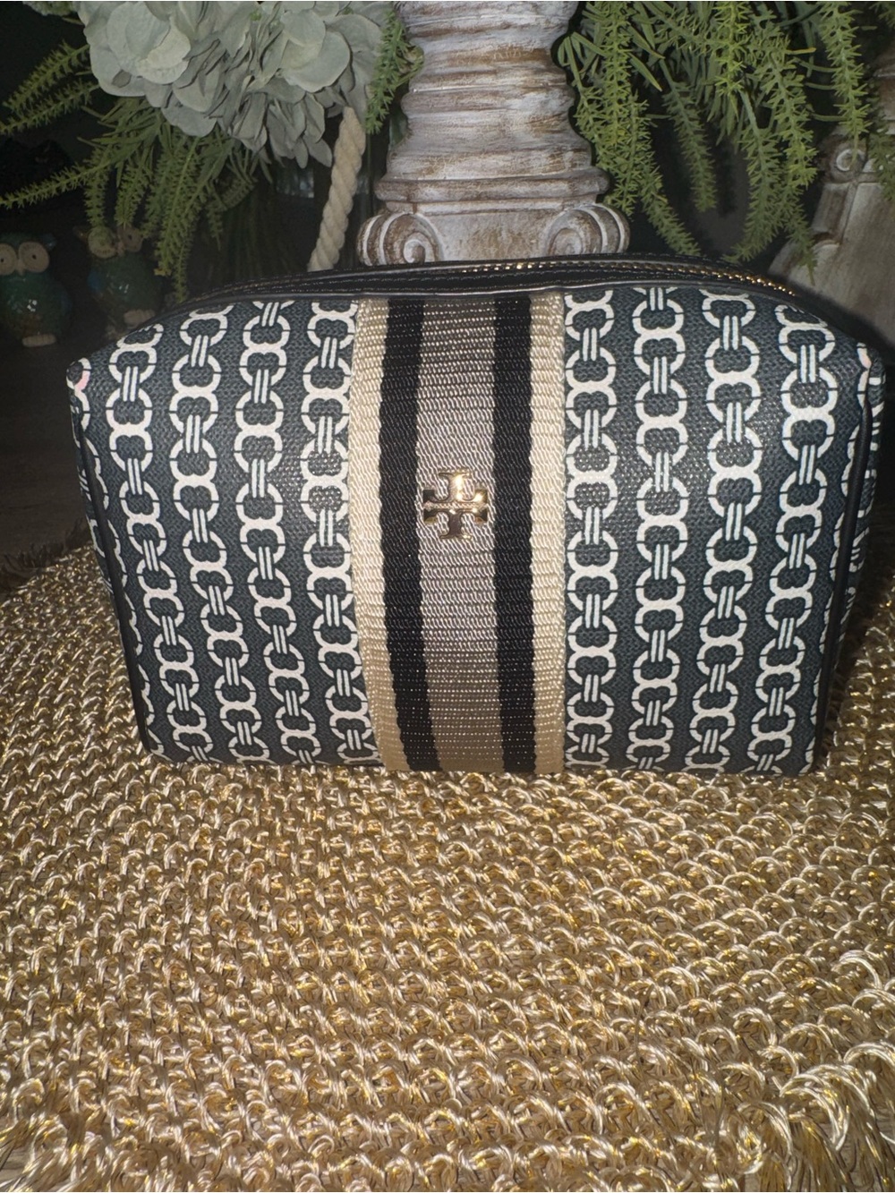 NWOT Tory Burch Black & Beige Leather Logo Cosmetic Bag